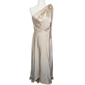 NWT Amsale Dress Size 14 Bow One Shoulder Satin Maxi Gown in Champagne Gold